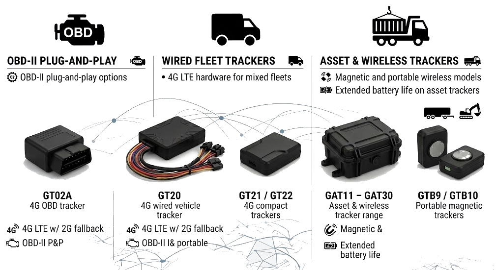 4G OBD, wired fleet and wireless asset GPS trackers
